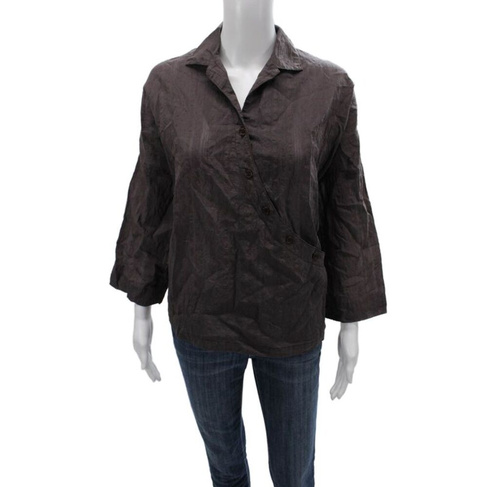 Blanque Womens Basic Cotton Collared Button Blouse Brown 3/4 Sleeve Size 0
